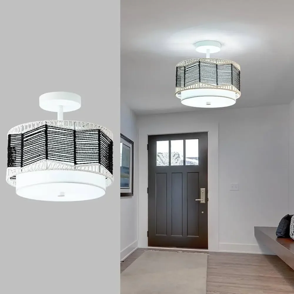 Tbaoinla - 3-light rattan ceiling lamp, black and white